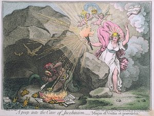 Kurkistus jakobinismin luolaan eli Magna est Veritas et praevalebit, Hannah Humphreyn vuonna 1798 julkaisema (käsinvärinen etsaus)